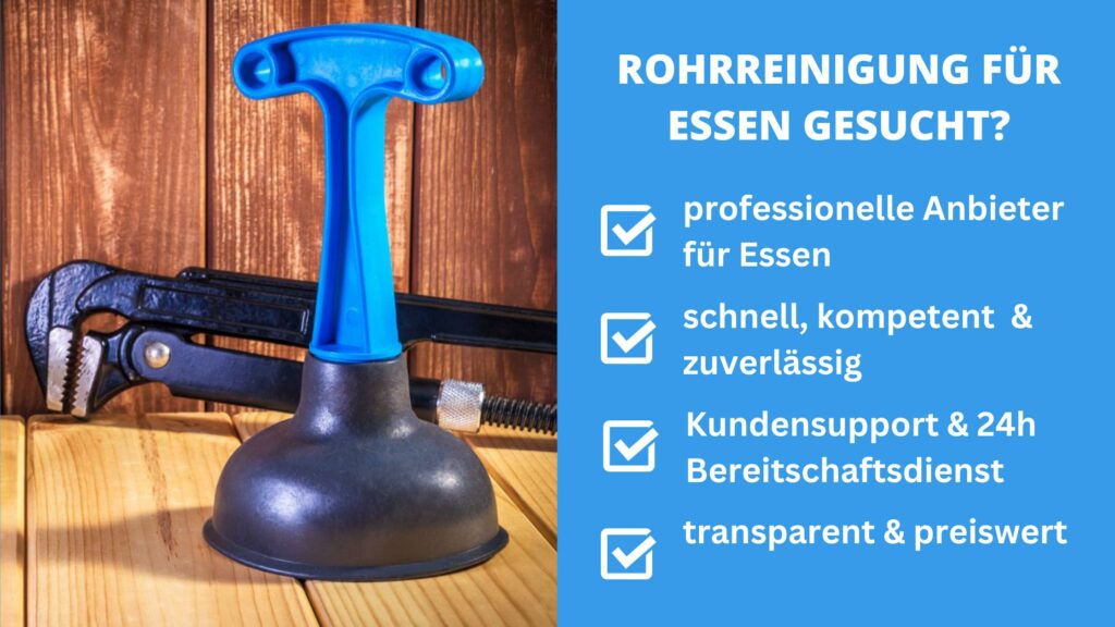 Einen Rohrreiniger für Essen finden, der professionell, schnell und zuverlässig ist. Kundensupport und einen 24h Bereitschaftsdienst anbietet und dazu faire und transparente Preise hat.